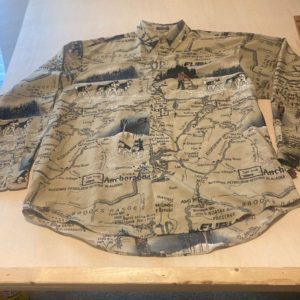 VTG Y2K FUBU Anchorage Alaska map All Over Print Shirt Adult Large AOP Button do